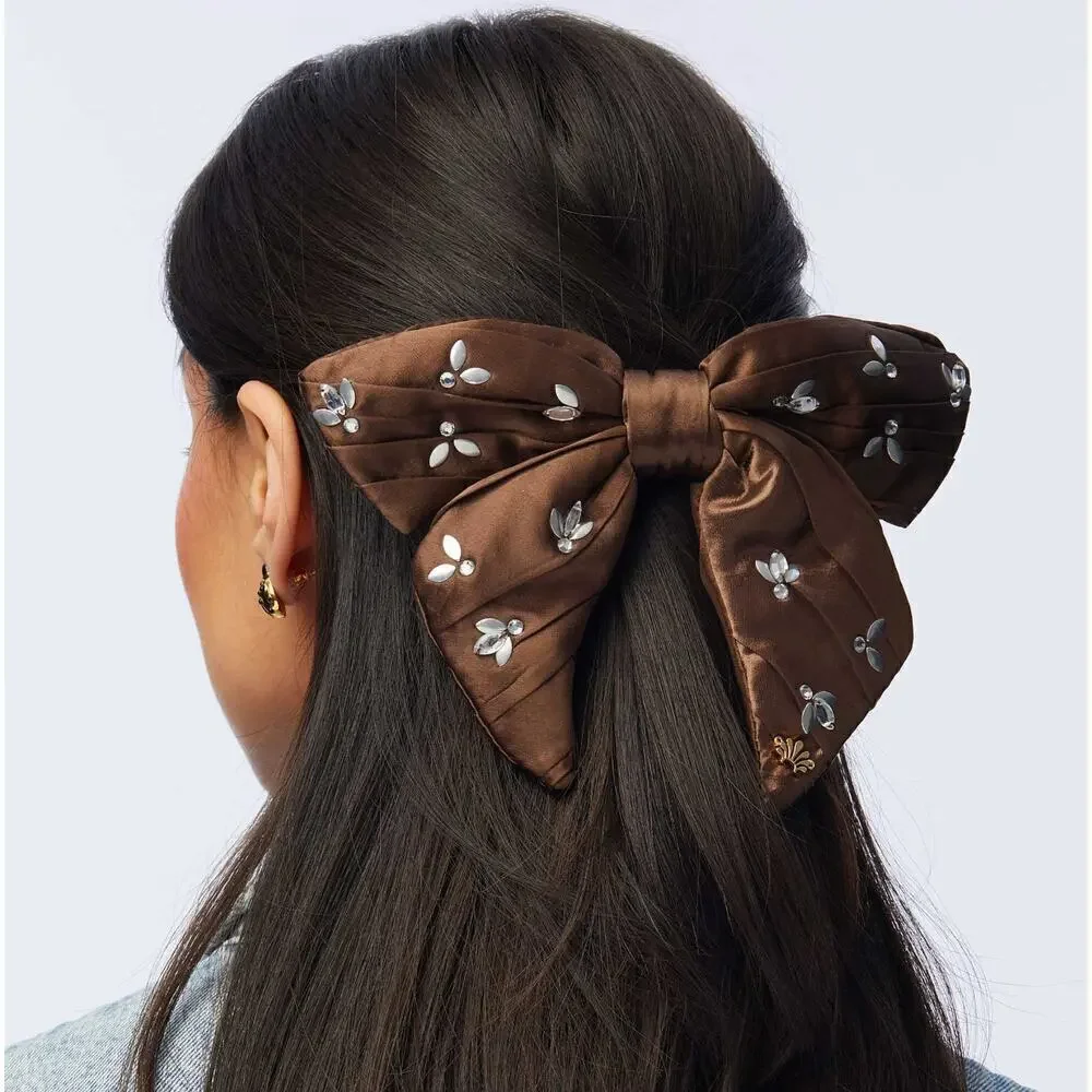 Lele Sadoughi Silk Brown Crystal Bow Barrette Gold Logo NWT